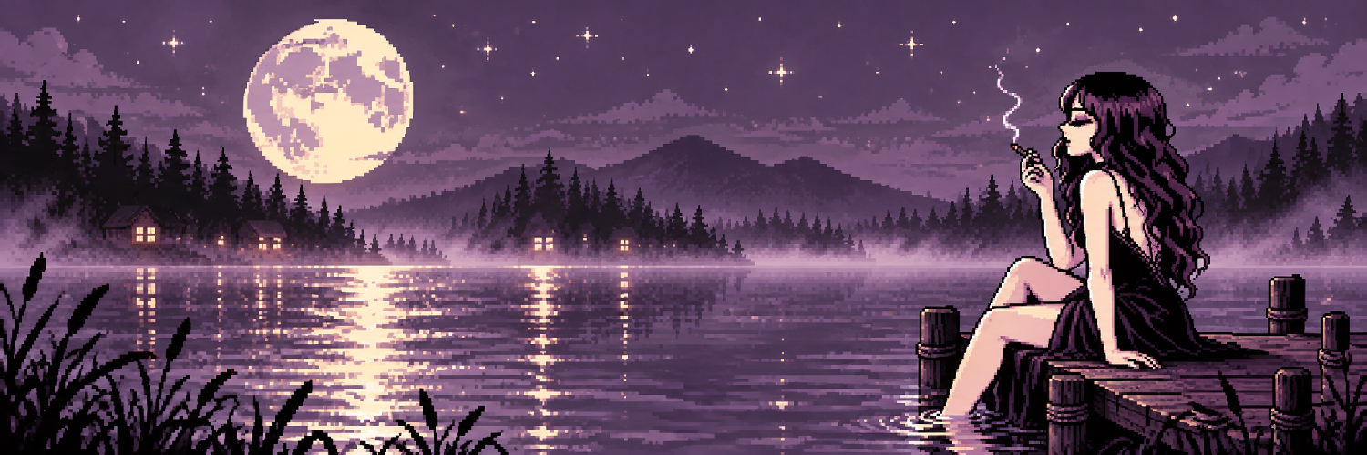 A dark-haired woman on a wooden dock beneath a full moon, overlooking a violet lake