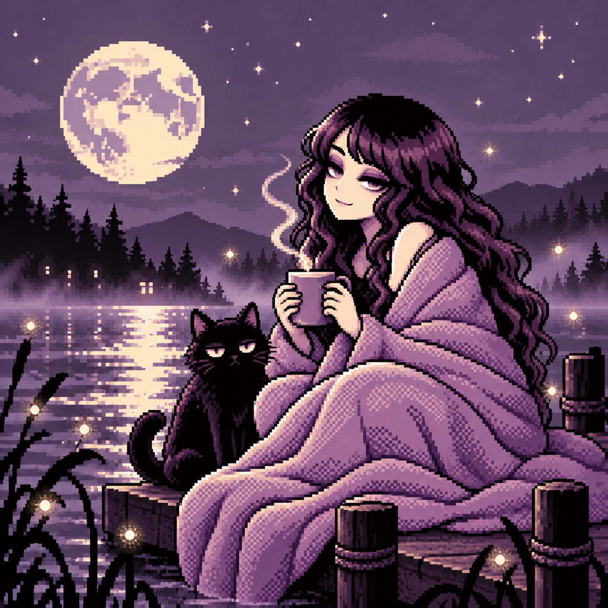 Deadpan woman wrapped in a blanket, with an equally unimpressed black cat