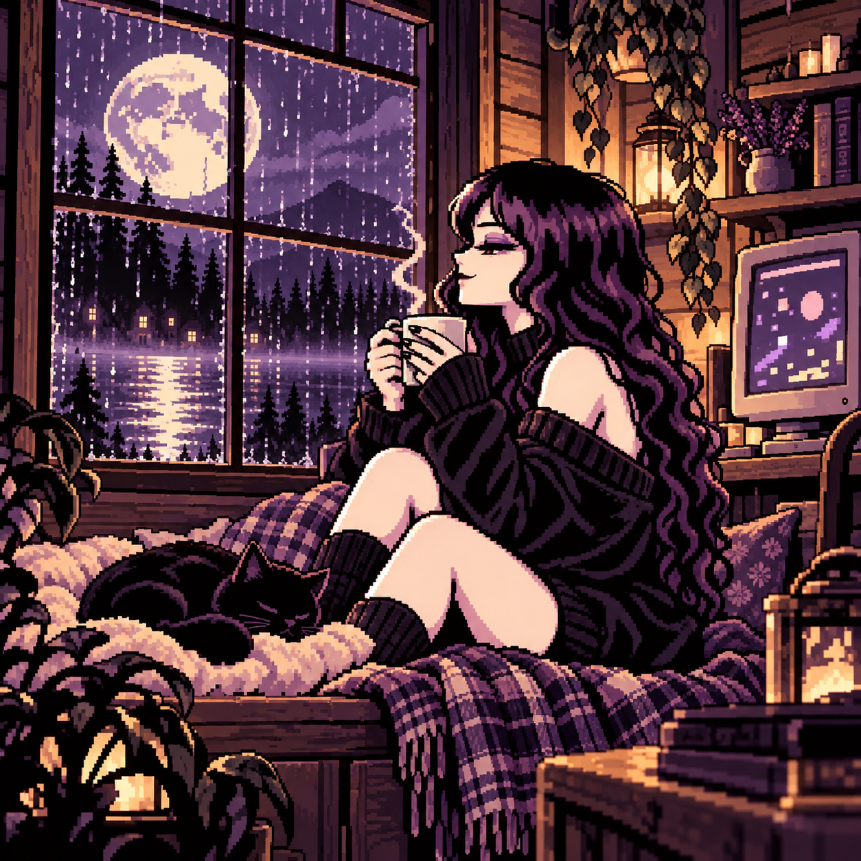 Our night-shift heroine sipping a warm drink beside a rainy cabin window