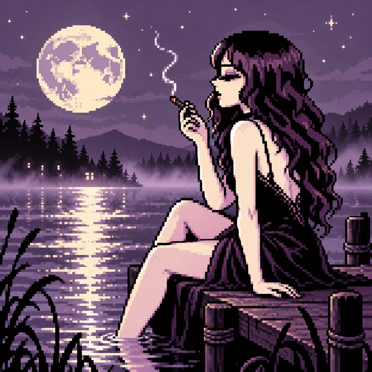 Moonlit heroine sitting quietly at the edge of the dock